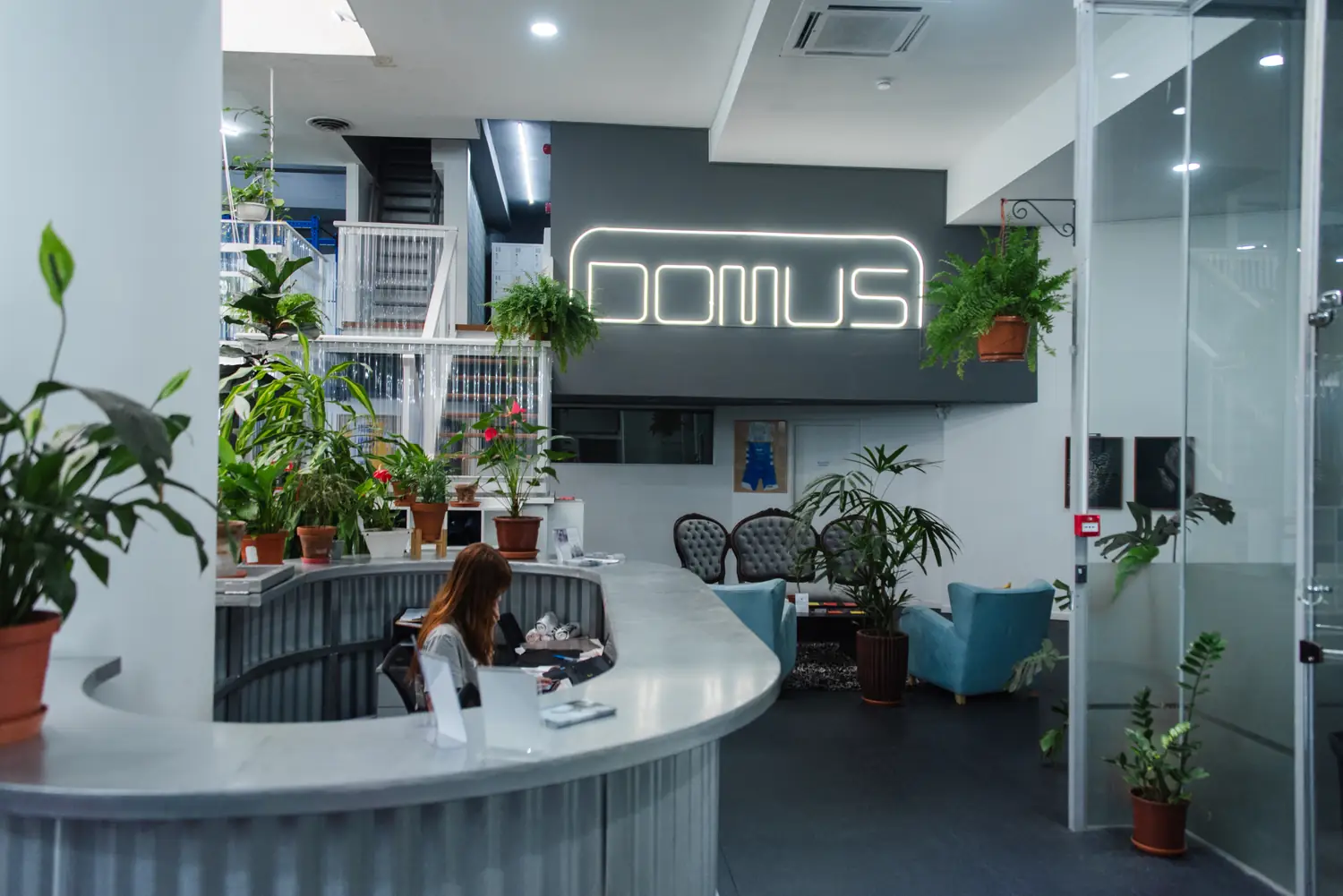 Recepción de Club Domus con el neón DOMUS